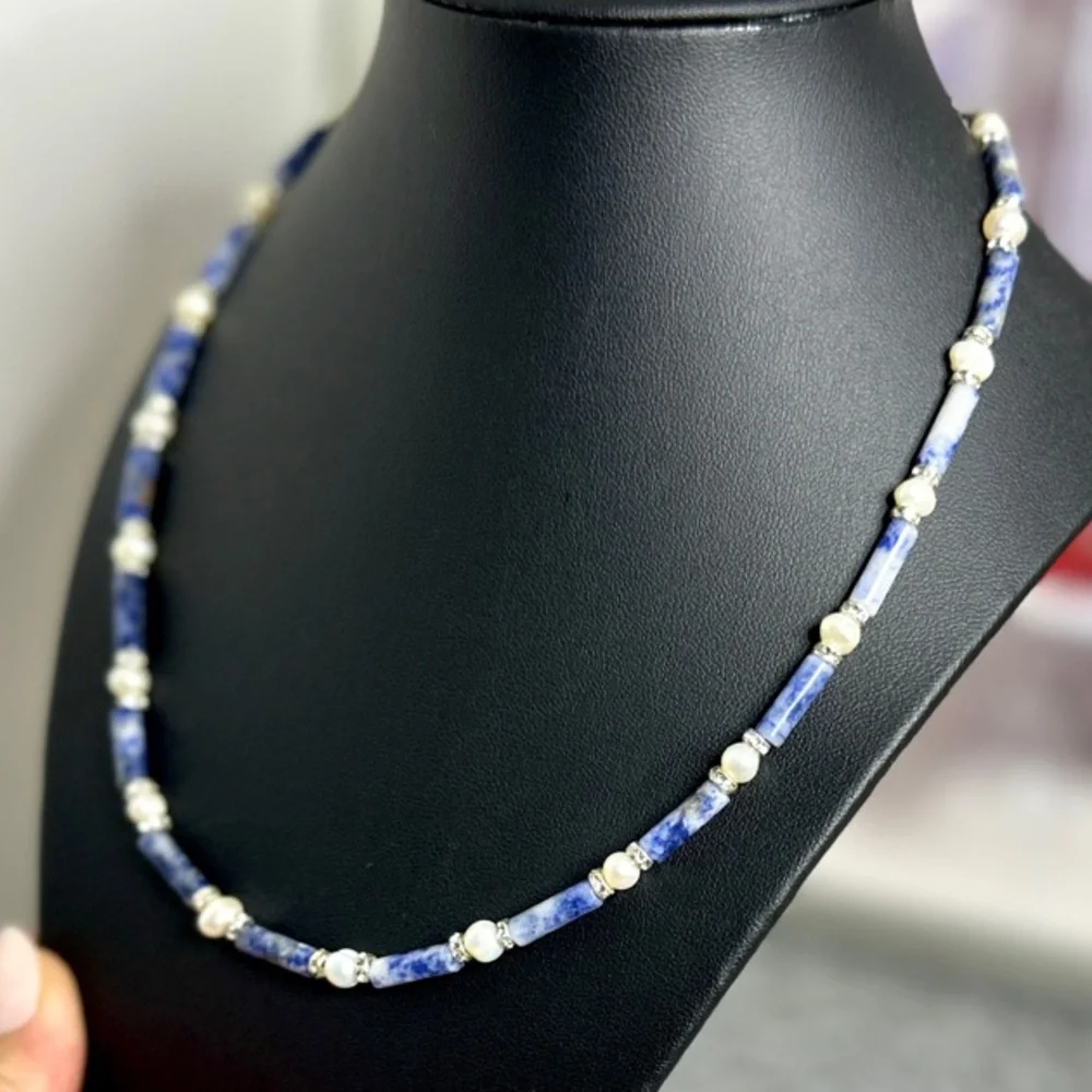 Natural Blue Spot Jasper & Natural Pearl Beaded Necklace